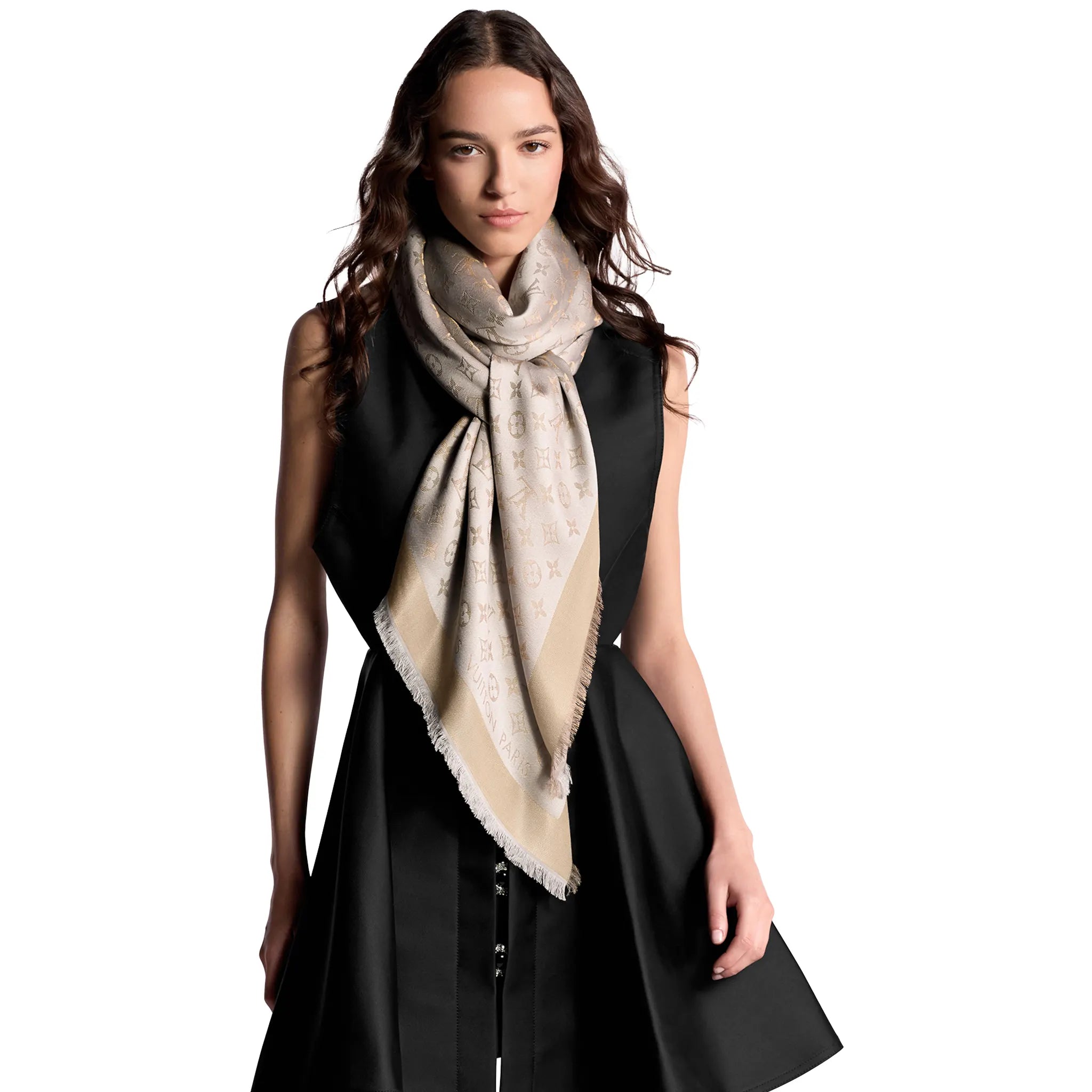 Model Front View of Louis Vuitton Monogram Shine Greige Shawl M75121